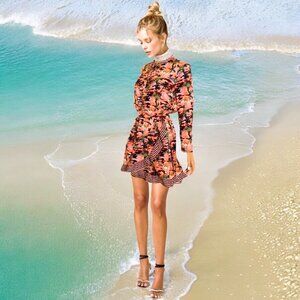 SCOTCH & SODA Sunset Tropical Landscape Ruffle Wrap Hemline Mini Dress Sz XS - S